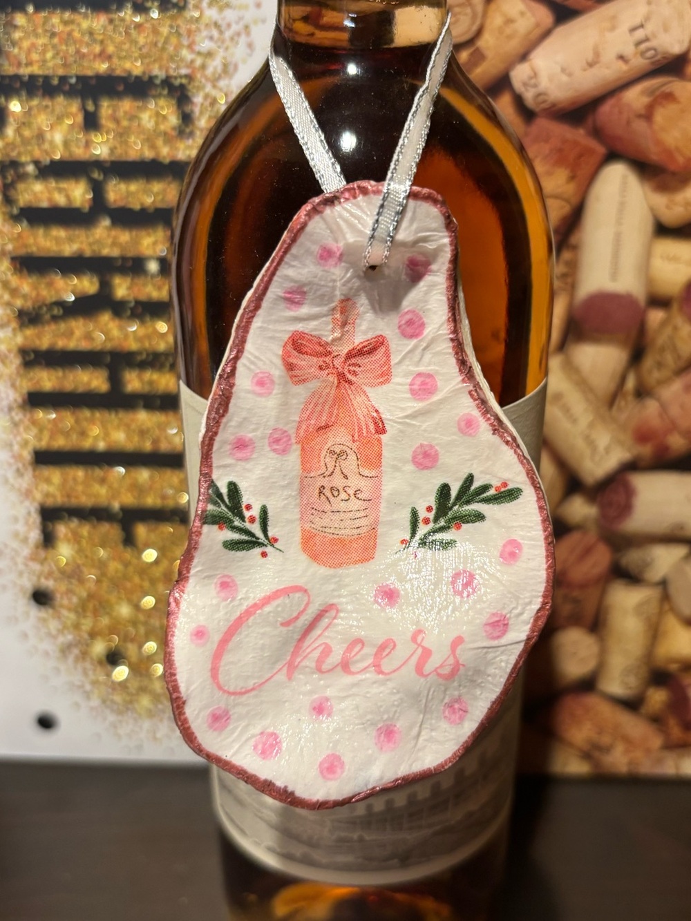 Handmade rosé decoupage shell ornament. Rosé all day.!